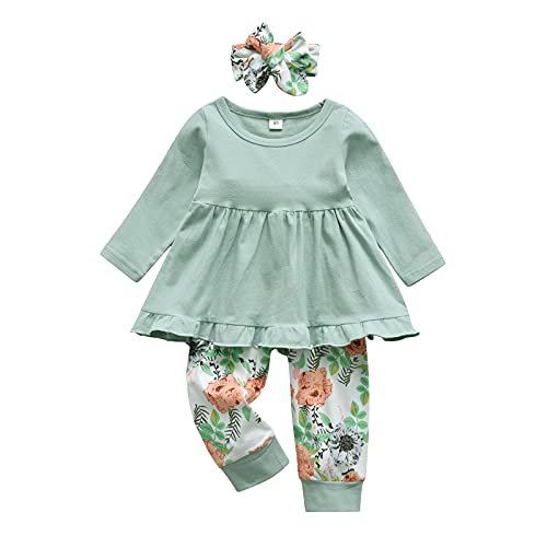 Awxoder Kleinkind Baby Mädchen Kleidung Einfarbige Langarm Rüschen Tops Blume Hosen Bogen Stirnband Outfits Set, Grün, 2-3 Jahre von Awxoder