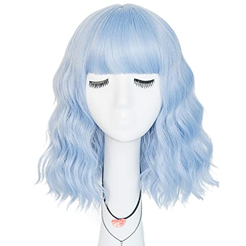 AxBALL Auf kurzen, gewellten Bob mit Air Bangs for Frauen auftragen. Hitzebeständig, schulterlang, gelockt, for den täglichen Gebrauch, Cosplay und Mottopartys – 14 Zoll Mintgrün (Color : Sky Blue) von AxBALL