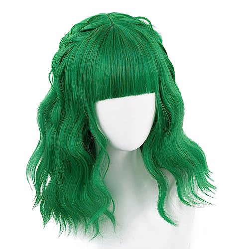 AxBALL Auf kurzen Ingwer-Bob mit Pony auftragen, modisches, lockiges, welliges, schulterlanges Haar for Damen, Cosplay for Mädchen mit Kappe – 35,6 cm, Orange (Color : Forest Green) von AxBALL