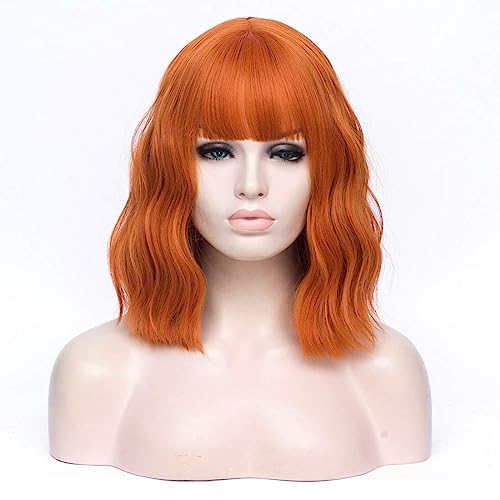 AxBALL Auf kurzen Ingwer-Bob mit Pony auftragen, modisches, lockiges, welliges, schulterlanges Haar for Damen, Cosplay for Mädchen mit Kappe – 35,6 cm, Orange (Color : Matte Orange) von AxBALL