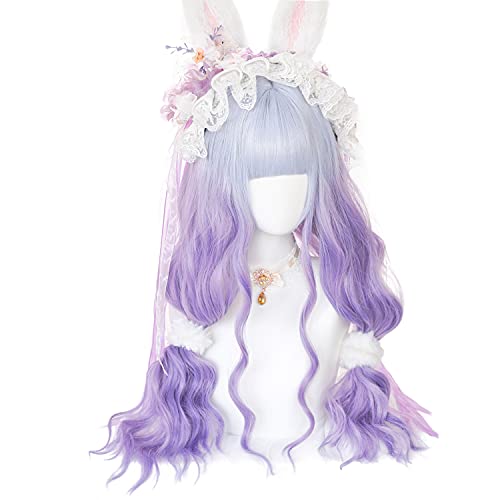 AxBALL Auf rosa Ombre, hellblau, lang, gerade, Lolita mit Pony, Damen, Regenbogenfarben, natürliche synthetische Locken for Party, Cosplay oder den täglichen Gebrauch auftragen (Color : Ombre purple von AxBALL