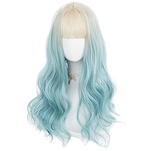 AxBALL Auf rosa Ombre, hellblau, lang, gerade, Lolita mit Pony, Damen, Regenbogenfarben, natürliche synthetische Locken for Party, Cosplay oder den täglichen Gebrauch auftragen (Color : Ombre blue gr von AxBALL