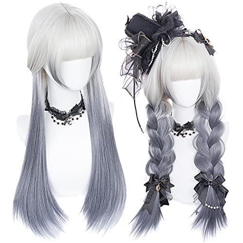 AxBALL Auf rosa Ombre, hellblau, lang, gerade, Lolita mit Pony, Damen, Regenbogenfarben, natürliche synthetische Locken for Party, Cosplay oder den täglichen Gebrauch auftragen (Color : Ombre gray) von AxBALL