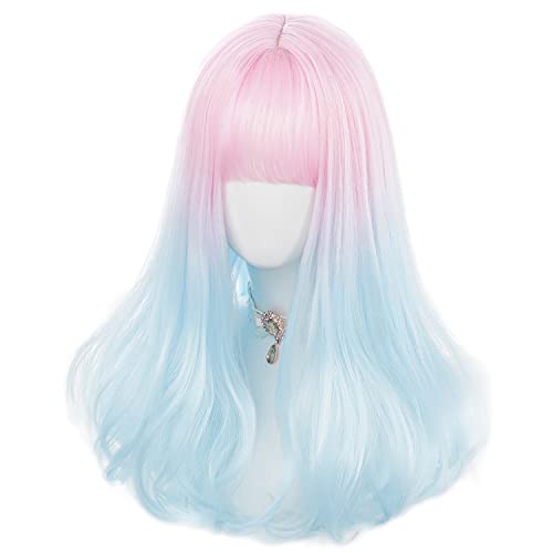 AxBALL Auf rosa Ombre, hellblau, lang, gerade, Lolita mit Pony, Damen, Regenbogenfarben, natürliche synthetische Locken for Party, Cosplay oder den täglichen Gebrauch auftragen (Color : Ombre light b von AxBALL