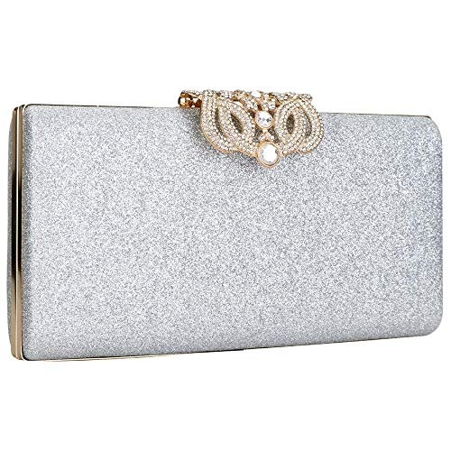 AxBALL Damen-Abendtasche, Strass-Kristall-Clutch-Geldbörse mit Blumenverschluss for Hochzeit, Party (Color : Silver) von AxBALL