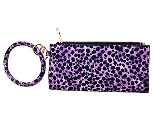 AxBALL Damen-Armreif, Schlüsselanhänger, Schlüsselanhänger, rund, aus Kunstleder, mit Brieftasche, Armband, Kartenhalter (Color : Leopard(Purple), Size : Medium) von AxBALL