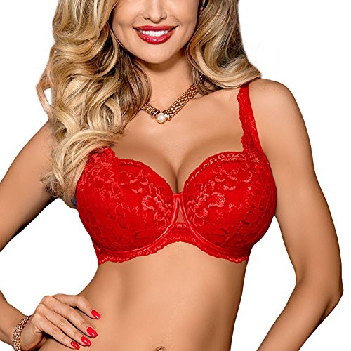 Axami Bra V-7591 Maisa Spitze Damen BH Damen - BH Push up Damen-BHS - Herausnehmbare Einlegesohlen Push up BH Rot 70D von Axami