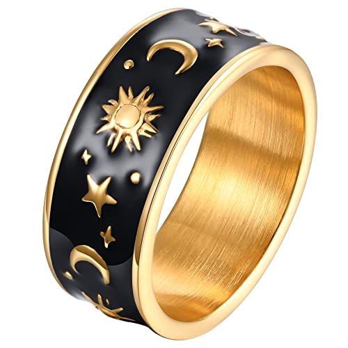 Axbuldo Ringe Herren Vintage Ring Böhmischen Stil Stern Mond Sonne Titan Stahlring Breite 8mm Freundschaftsringe ​für Herren Männer Gold von Axbuldo