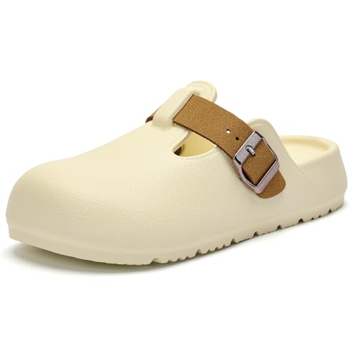 Axcone Damen Clogs Weiches Fußbett Pantoletten Rutschfest Garten Arbeitsschuhe Doppelschnalle Verstellbare EVA Flache Sandalen, Beige, 7-8 von Axcone