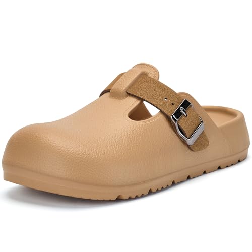 Axcone Damen Clogs Weiches Fußbett Pantoletten Rutschfest Garten Arbeitsschuhe Doppelschnalle Verstellbare EVA Flache Sandalen, Braun, 5-6 von Axcone