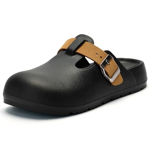 Axcone Damen Clogs Weiches Fußbett Pantoletten Rutschfest Garten Arbeitsschuhe Doppelschnalle Verstellbare EVA Flache Sandalen, Schwarz, 5-6 von Axcone