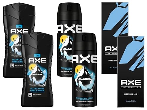 AXE Bodyspray Alaska Deo ohne Aluminium 2x 150ml, 3-in-1 Duschgel & Shampoo Alaska 2x 250ml & Aftershave Alaska für Männer 2x 100ml - 6er Set von Axe