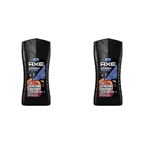 Axe Skateboard & Fresh Roses 3in1 Duschgel Herren Body Hair Face 12h frischen Duft auf Pflanzenbasis (1 x 250 ml) (Packung mit 2) von Axe