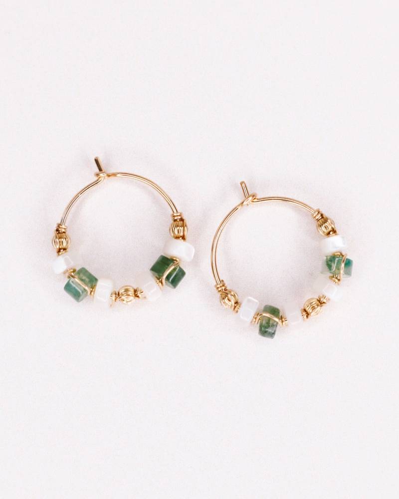 Olympe, Creolen, Steincreolen, Wellencreolen, Schlangenkreolen, Gold, Silber, Grüner Moosachat, Perlmutt, Weihnachtsgeschenkschmuck von AxelleJoly