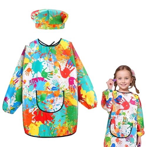 Axingqiwu Malkittel Kinder 6-11 jahre, Malschürze Schule mit Mütze Ärmeln Big Taschen, Wasserdicht Malkittel Schule 1.Klasse Junge Mädchen von Axingqiwu