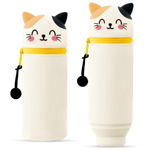 Axinyijia Kawaii Federmäppchen 2 in 1 Weiche Silikontasche Federmäppchen Reißverschluss Mäppchen für Mädchen Junge (Katze) von Axinyijia
