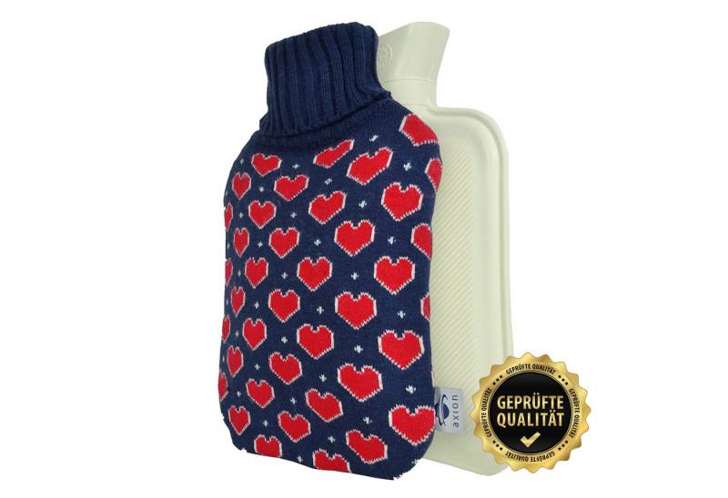 Axion Wärmflasche mit Bezug, 33 x 20 cm, ca. 2 Ltr., Wärmflaschen, blau mit roten Herzen, 100% Naturkautschuk, Weihnachtsgeschenk von Axion
