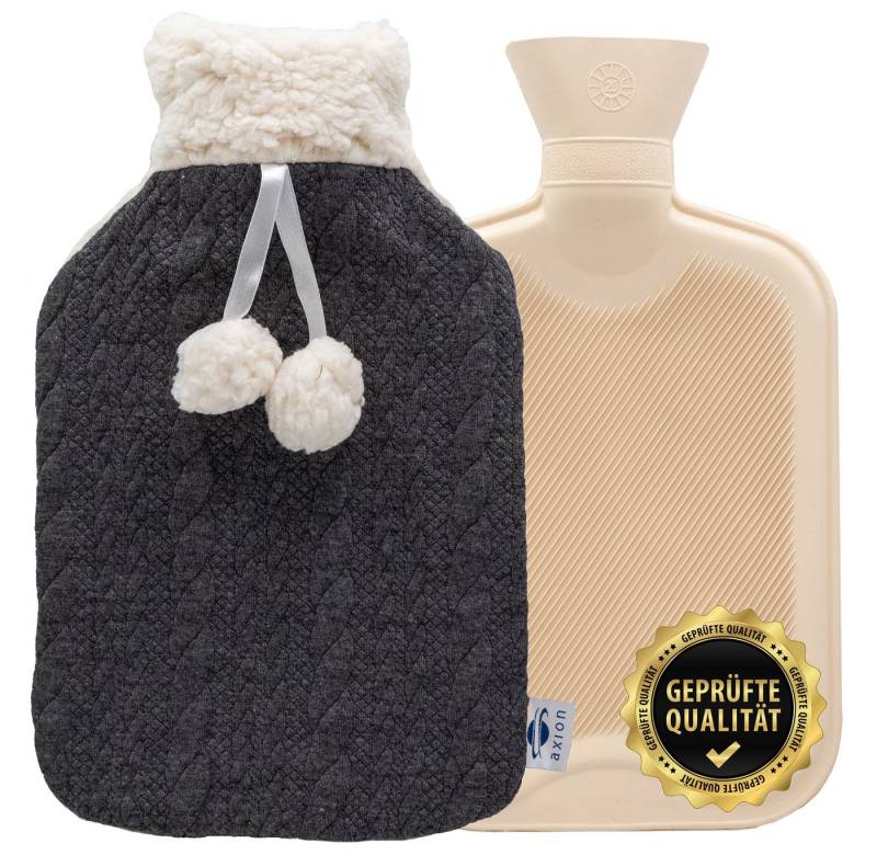Axion Wärmflasche mit Bezug, 33 x 20 cm, ca. 2 Ltr., Wärmflaschen, grau-beiger Plüsch, 100% Naturkautschuk, Weihnachtsgeschenk von Axion