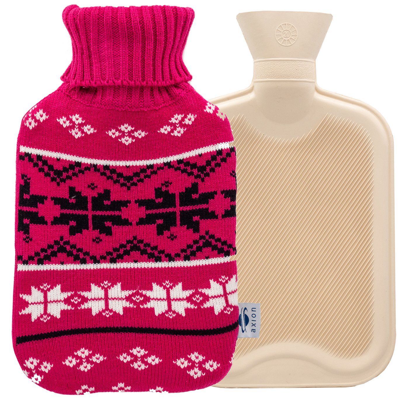 Axion Wärmflasche mit Bezug, 33 x 20 cm, ca. 2 Ltr., Wärmflaschen, pinker Strick mit Muster, 100% Naturkautschuk von Axion