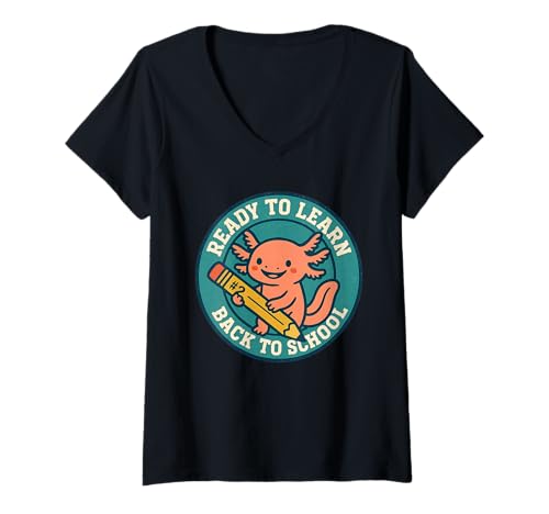 Damen Retro Axolotl Schulanfang – Ready to Learn Badge T-Shirt mit V-Ausschnitt von AxoSchool Apparel
