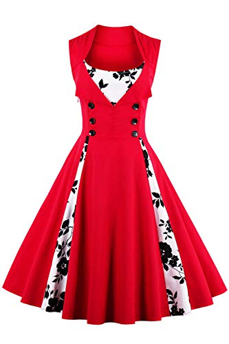 Axoe Damen 50er Jahre Cocktailkleid Rockabilly Elegantes Faltenrock Festliches Partykleider Vintage Kleid Audrey Hepburn Abendkleider mit Polka Dots Knielang, Rot-blumen, 4XL (50 EU) von AXOE