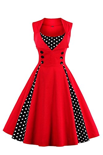 Axoe Damen 50er Jahre Cocktailkleid Rockabilly Elegantes Faltenrock Festliches Partykleider Vintage Kleid Audrey Hepburn Abendkleider mit Polka Dots Knielang, Rot-schwarz, L (40/42 EU) von AXOE