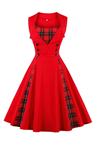 Axoe Damen 50er Jahre Cocktailkleid Rockabilly Elegantes Faltenrock Festliches Partykleider Vintage Kleid Audrey Hepburn Abendkleider mit Polka Dots Knielang, Rot, XL (44 EU) von AXOE