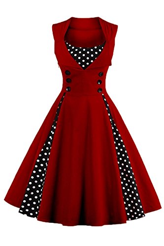 Axoe Damen 50er Jahre Cocktailkleid Rockabilly Elegantes Faltenrock Festliches Partykleider Vintage Kleid Audrey Hepburn Abendkleider mit Polka Dots Knielang, Weinrot, XL (44 EU) von AXOE