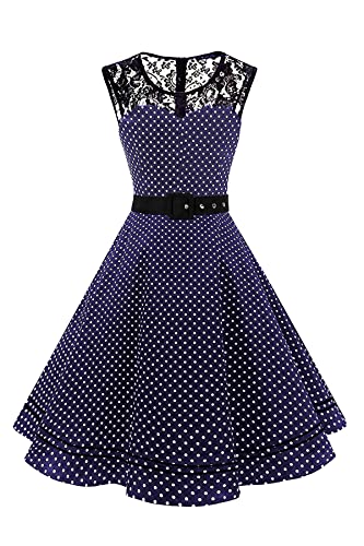 AXOE Damen 50er Jahre Kleid Retro Gepunktetes mit Gürtel Elegant Abendkleid Navy Weiß Polka Dots, Gr.38, L von AXOE