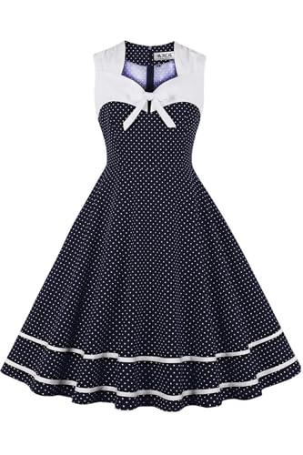 AXOE Damen Rockabilly Kleid 50er 60er Jahre Vintage Elegant Festlich Cocktailkleid für Hochzeitsgast Marineblau mit Weißen Gepunktet, Gr. 44, XXL von AXOE