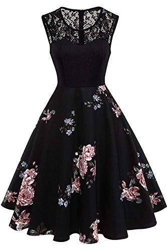 Axoe Damen 50er Jahre Rockabilly Kleid mit Blumenmuster Ärmellos, Farbe04, S (36/38 EU) von AXOE