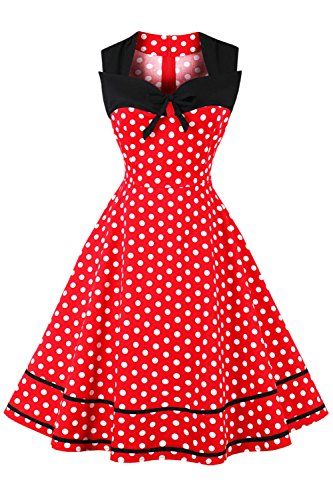 AXOE Damen 60er Jahre Polka Dot Retro Vintage Rockabilly Kleider Abendkleider Elegant für Hochzeit Rot Gr.48, 4XL von AXOE