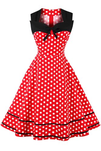 AXOE Damen Rockabilly Kleid 50er 60er Jahre Vintage Elegant Festlich Cocktailkleid für Hochzeitsgast Rot mit Weißen Punkten, Gr. 48, 4XL von AXOE