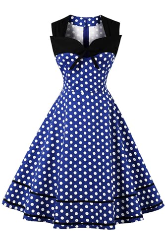 AXOE Damen Rockabilly Kleid 50er 60er Jahre Vintage Elegant Festlich Cocktailkleid für Hochzeitsgast Blau mit Weißen Punkten, Gr. 42, XL von AXOE