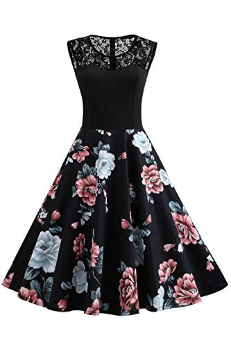 Axoe Damen 50er Jahre Rockabilly Kleid mit Blumenmuster Ärmellos, Farbe06, XXXXL (50 EU) von AXOE