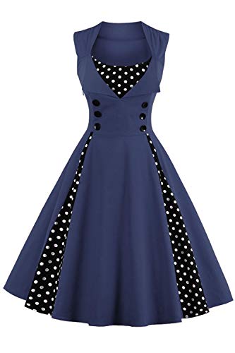 Axoe Damen 50er Jahre Cocktailkleid Rockabilly Elegantes Faltenrock Festliches Partykleider Vintage Kleid Audrey Hepburn Abendkleider mit Polka Dots Knielang, Navy, 2XL (46 EU) von AXOE