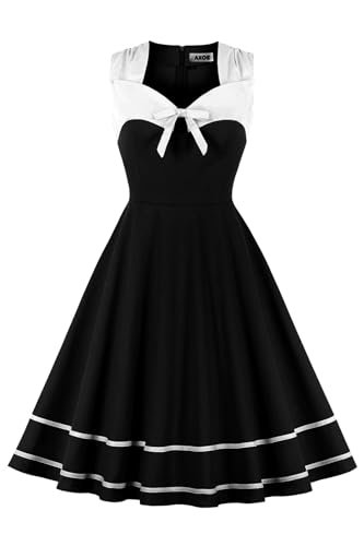 AXOE Damen Rockabilly Kleid 50er 60er Jahre Vintage Elegant Festlich Cocktailkleid für Hochzeitsgast Weiß mit Schwarz Punkten, Gr. 38, M von AXOE
