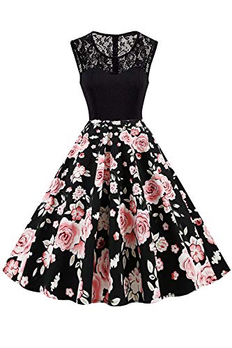 AXOE Damen Vintage Kleider Rockabilly 50er 60er Jahre Blumenkleider mit Spitze Ärmellos Festlich Elegant für Mollige Frauen, Hochzeit Schwarz mit Blumenmuster F08, Gr.40, M von AXOE