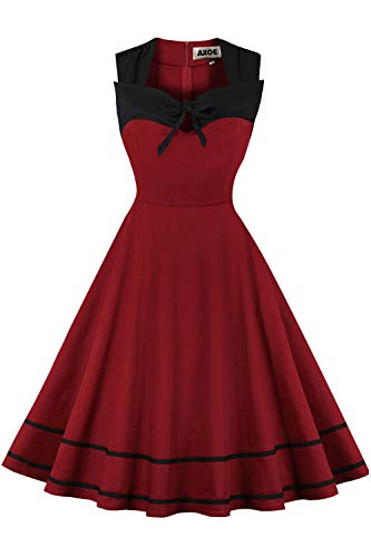 AXOE Damen Partykleid Einfarbig Swing Kleid 50er Jahre A Linie Ärmellos Weinrot Gr.36, S von AXOE