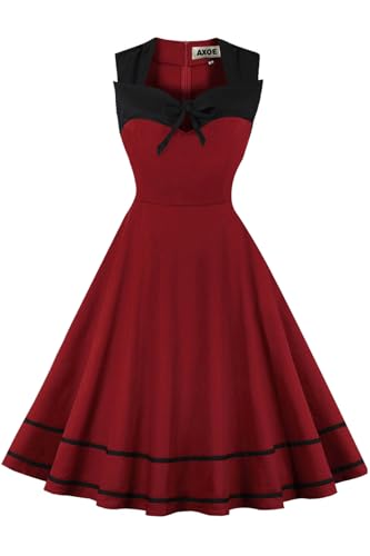 AXOE Damen Partykleid Einfarbig Swing Kleid 50er Jahre A Linie Ärmellos Weinrot Großen Größen 50, 4XL von AXOE