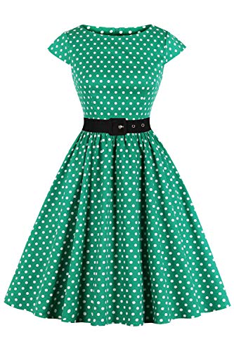 AXOE Damen 50er Jahre Kleid Rockabilly mit Gürtel Weiß Polka Dots Grün Gr. 44, XXL von AXOE