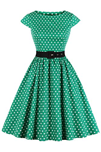 AXOE Damen Rockabilly Kleider 50er Jahre Baumwolle Gürtel Grün Hintergrund Weiß Polka Dots, Gr.44, XXL von AXOE