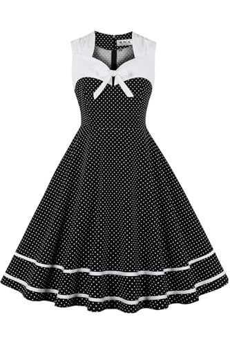 AXOE Damen Rockabilly Kleid 50er 60er Jahre Vintage Elegant Festlich Cocktailkleid für Hochzeitsgast Schwarz mit Weißen Gepunktet, Gr. 44, XXL von AXOE