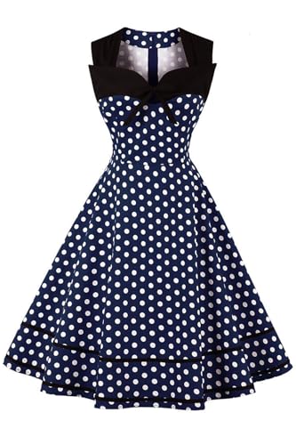 AXOE Damen Rockabilly Kleid 50er 60er Jahre Vintage Elegant Festlich Cocktailkleid für Hochzeitsgast Marineblau mit Weißen Punkten, Gr. 42, XL von AXOE