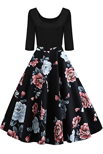 AXOE Damen Rockabilly Kleid Langarm 60er Jahre mit Blumenmuster Partykleid Farbe 6B, Gr.36, S von AXOE