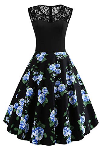 Axoe Damen 50er Jahre Rockabilly Kleid mit Blumenmuster Ärmellos, Farbe12, S (36/38 EU) von AXOE