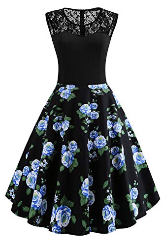 Axoe Damen 50er Jahre Rockabilly Kleid mit Blumenmuster Ärmellos, Farbe12, XL (44 EU) von AXOE