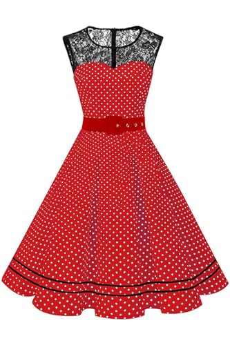 AXOE Damen Rockabilly Kleid 50er Jahre Vintage A-Linie Festlich & Alltag mit Spitze & Gürtel für Hochzeit Sommer Cocktail Rot Weiß Polka Dots, Gr.42 (EU 44), XL von AXOE