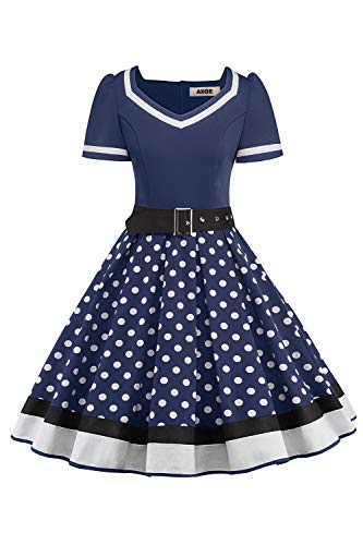 AXOE Damen Swing Kleid Vintage 50er Jahre Polka Dots Festkleid Navy, Gr.32, XS von AXOE