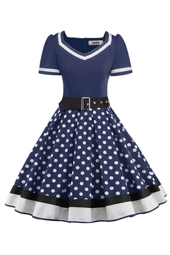 AXOE Damen 50er Jahre Kleider Rockabilly Vintage Festliches mit Abnehmbarer Gürtel A LinieMarineblau Weiß Gepunktet, Gr.40, L von AXOE